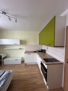 a kitchen with white and green cabinets and a sink at Private apartment 1km from center in Nivy