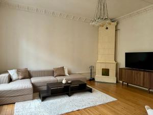 ein Wohnzimmer mit einem Sofa und einem Kamin in der Unterkunft Lägenhet i centrala Stockholm in Stockholm
