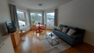 sala de estar con sofá azul y mesa en Villa Weber Apartments en Albrechtice v Jizerských horách