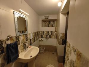 La salle de bains est pourvue d'un lavabo, de toilettes et d'un miroir. dans l'établissement Leisure Homestay, à Udaipur