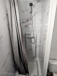 a shower with a glass door in a bathroom at Le 307, Vue pistes in La Bresse