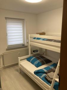 - une chambre avec 2 lits superposés et une fenêtre dans l'établissement Ferienwohnung Kleinbreitenbach, à Plaue