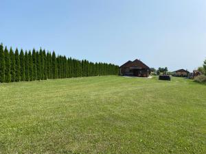 a large field with a house and a row of trees at Luxdomki Kąty Rybackie in Kąty Rybackie