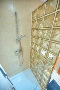 Una ducha con una pared de bloques de vidrio en un baño. en Cozy 2bedroom seafront apartment, balcony GOSLM-10, en Sliema 22 fotos más