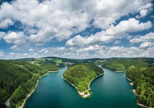 uma vista aérea de dois lagos nos bosques em Schönes Appartement mit Seeblick em Gummersbach