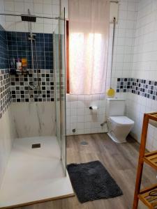 a bathroom with a shower and a toilet at Apartamento Shenzhen en Astorga Camino de Santiago Cochera bicis in Astorga