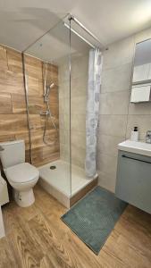 La salle de bains est pourvue d'une douche, de toilettes et d'un lavabo. dans l'établissement CosyNook - refait à neuf proche parc des expositions et aéroport CDG, à Villepinte
