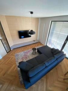 a living room with a blue couch and a tv at Bratislava FORESTPARK, FREE parking, self-check IN in Bratislava