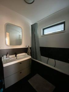 a bathroom with a sink and a mirror at Bratislava FORESTPARK, FREE parking, self-check IN in Bratislava