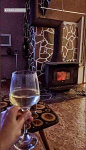 a person holding a glass of wine in front of a fireplace at Woodland Cosy ‘Secret’ Villa in the beauty Osogovo Mountain in Lesnovo