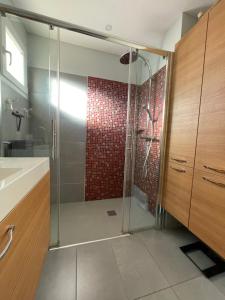 ein Badezimmer mit Dusche mit Glastür in der Unterkunft Charmante villa au calme proche de Montpellier, mer et rivière Animaux acceptés in Saint-Gély-du-Fesc + 13 Fotos