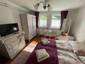 1 dormitorio con 1 cama, vestidor y TV en Hídláb Apartman, en Kimle