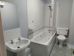 La salle de bains est pourvue d'un lavabo, de toilettes et d'une douche. dans l'établissement Spacious City Centre Apt - O'Connell Street Area, à Dublin