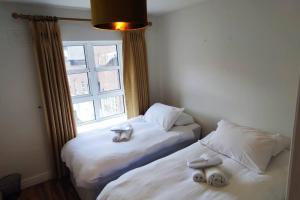 2 aparte bedden in een kamer met een raam bij Spacious City Centre Apt - O'Connell Street Area in Dublin