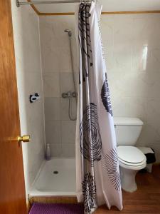 a shower curtain in a bathroom with a toilet at Cabaña centro Frutillar Alto in Llanquihue