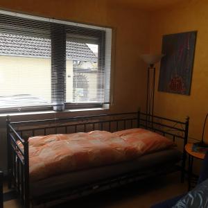 een slaapkamer met een bed en een raam met een raam. bij ROSE'S Ferienwohnung in Bernbach