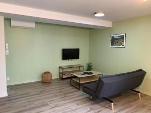 een woonkamer met een bank en een flatscreen-tv bij Appartement Torii - Maulévrier Cholet Puy du Fou in Maulévrier