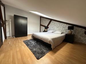Un dormitorio con una cama grande y una alfombra. en Champagne BNB - Le Duplex - Le Loft - L'Atelier - Le Cosy, en Épernay