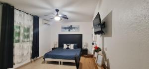 - une chambre avec un lit bleu et un ventilateur de plafond dans l'établissement Le Madina, à Pamandzi