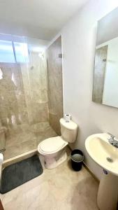 索加莫索的住宿－Apto cómodo en conjunto 1 piso parqueadero，浴室配有卫生间、淋浴和盥洗盆。