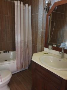 łazienka z umywalką, wanną i toaletą w obiekcie ''EPAVLIS boutique GALAXIDI'' w mieście Galaxidi