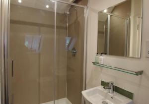 a bathroom with a shower and a sink at Converted coach house with parking in Pittenweem in Pittenweem