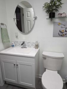 a bathroom with a white toilet and a mirror at Suite in the Bush-Private Apartment in Bancroft