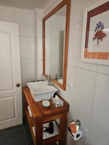 een badkamer met een wastafel en een spiegel bij Casa Calfu in Santa Cruz