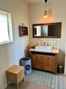 a bathroom with a sink and a trash can at Syðri-Þverá in Hvammstangi
