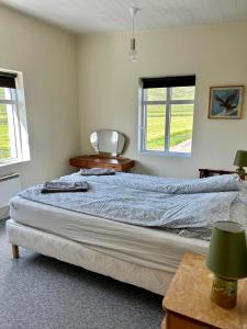 a bedroom with a large bed and two windows at Syðri-Þverá in Hvammstangi