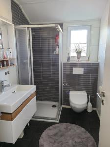 een badkamer met een douche, een toilet en een wastafel bij Vakantiepark Klein Vink - Boulevard 16 in Arcen