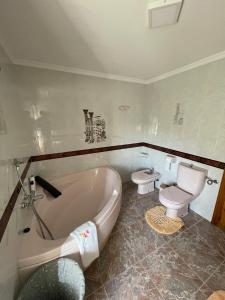 a bathroom with a tub and a toilet and a sink at Casa da Torre 