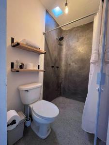 uma casa de banho com um WC e um chuveiro em Depto Sayula HoMe con alberca 6 em Sayulita