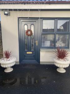 una casa con una puerta azul y dos macetas en Castletroy Apartment en Limerick