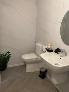 bagno bianco con servizi igienici e lavandino di Castletroy Apartment a Limerick
