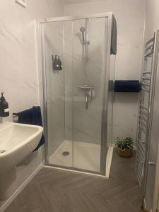 a shower with a glass door next to a sink at Castletroy Apartment in Limerick