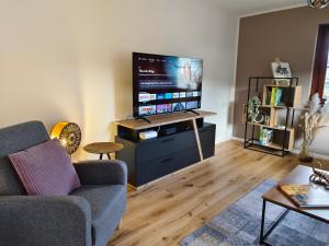 ein Wohnzimmer mit einem Sofa und einem Flachbild-TV in der Unterkunft Apartment Artista in Weitensfeld