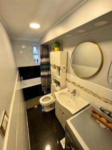 a bathroom with a sink and a toilet and a mirror at Hostal LuDav - Temuco in Temuco