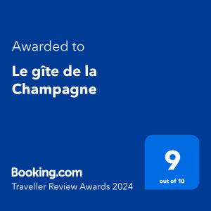 Le gîte de la Champagne tesisinde sergilenen bir sertifika, ödül, işaret veya başka bir belge