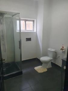 a bathroom with a glass shower and a toilet at HAVRE DE CHARME A YAOUNDE in Yaoundé