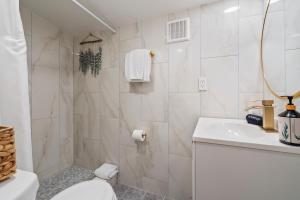 a bathroom with a shower and a toilet and a sink at Quiet get away in a vibrant city in St. Augustine