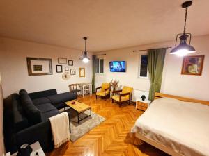un soggiorno con divano e letto di Nomad Apartment Braşov a Braşov