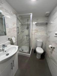 a bathroom with a shower and a toilet and a sink at Haddon Hall Hotel in Eastbourne