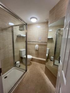 a bathroom with a toilet and a sink and a shower at Haddon Hall Hotel in Eastbourne