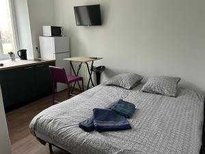 sypialnia z łóżkiem z dwoma ręcznikami w obiekcie Résidence Le Gond w mieście Le Gond