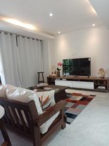 uma sala de estar com um sofá e uma televisão em Charmoso Apartamento em Ipanema no Rio de Janeiro