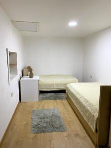 1 dormitorio con 2 camas y alfombra en Guest House Laci, en Tirana