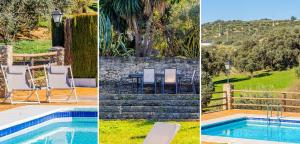uma colagem de quatro fotos de uma piscina em Cubo's Hacienda El Baldio em Alcalá del Valle