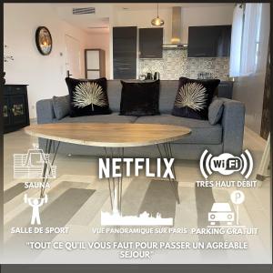a flyer for a living room with a couch and a table at La Villa Perchée calme, sauna, parking privé in Saint-Prix