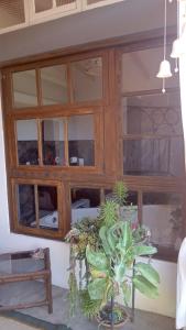 a large wooden cabinet with glass doors with plants at Casa Magia in Bombinhas